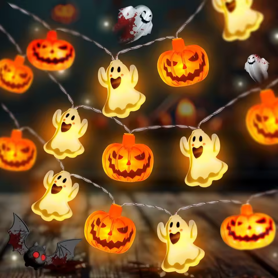 Glowing pumpkin and ghost Halloween string lights